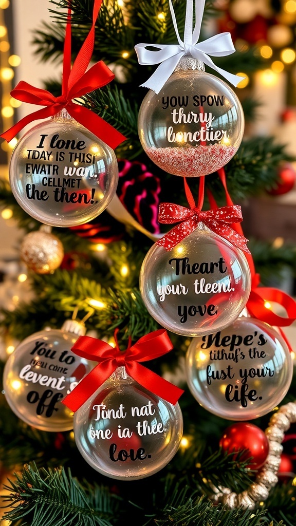 DIY Christmas Ornaments with Inspirational Quotes A variety of DIY Christmas ornaments with quotes, hanging on a tree, surrounded by festive decorations.
